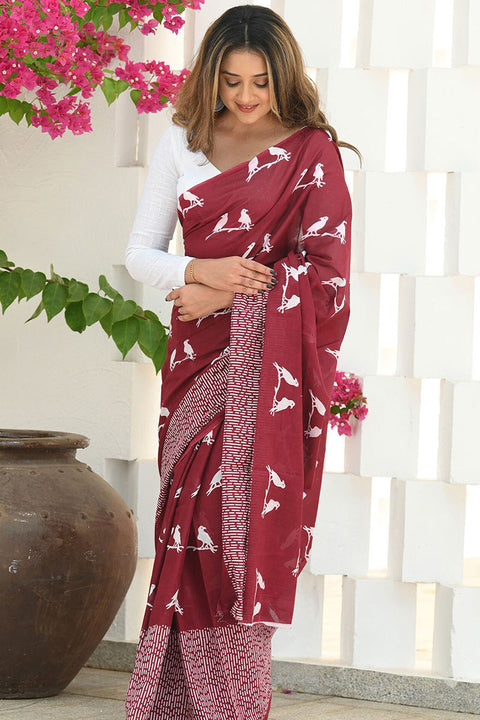 VastraLakshmi Flattering Maroon Cotton Silk Saree With Innovative Blouse Piece