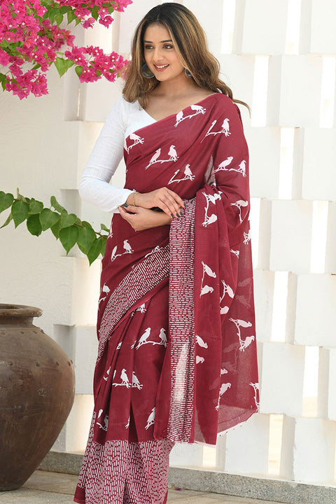 VastraLakshmi Flattering Maroon Cotton Silk Saree With Innovative Blouse Piece