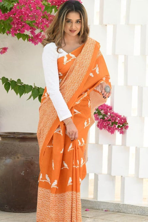 VastraLakshmi Adorning Orange Cotton Silk Saree With Jazzy Blouse Piece