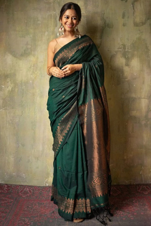 VastraLakshmi Opulent Dark Green Soft Silk Saree With Flameboyant Blouse Piece