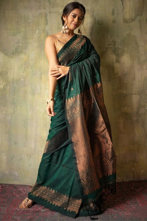 VastraLakshmi Opulent Dark Green Soft Silk Saree With Flameboyant Blouse Piece