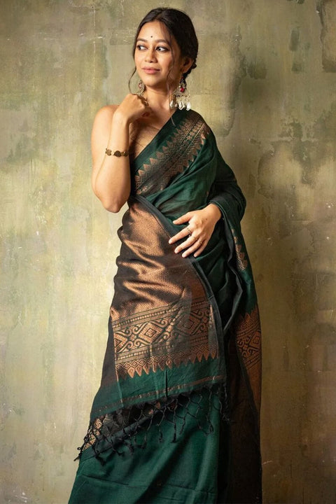 VastraLakshmi Opulent Dark Green Soft Silk Saree With Flameboyant Blouse Piece