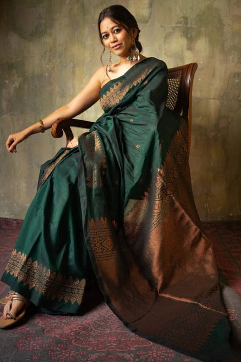 VastraLakshmi Opulent Dark Green Soft Silk Saree With Flameboyant Blouse Piece