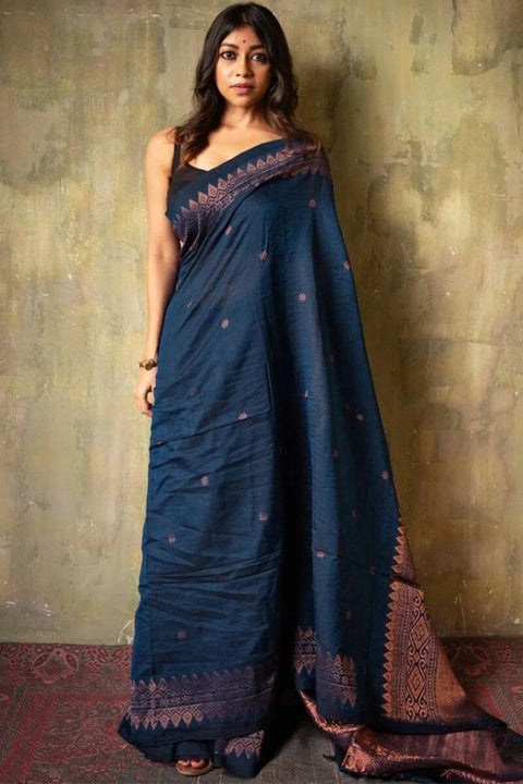 VastraLakshmi Angelic Navy Blue Soft Silk Saree With Assemblage Blouse Piece