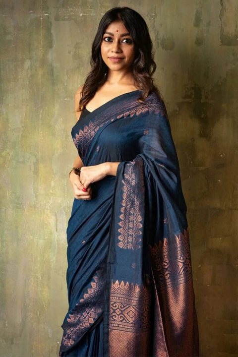 VastraLakshmi Angelic Navy Blue Soft Silk Saree With Assemblage Blouse Piece