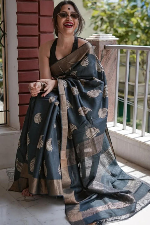 VastraLakshmi Felicitous Black Linen Silk Saree With Enigmatic Blouse Piece