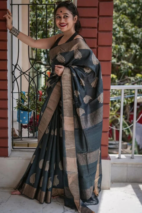 VastraLakshmi Felicitous Black Linen Silk Saree With Enigmatic Blouse Piece