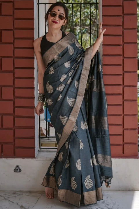 VastraLakshmi Felicitous Black Linen Silk Saree With Enigmatic Blouse Piece