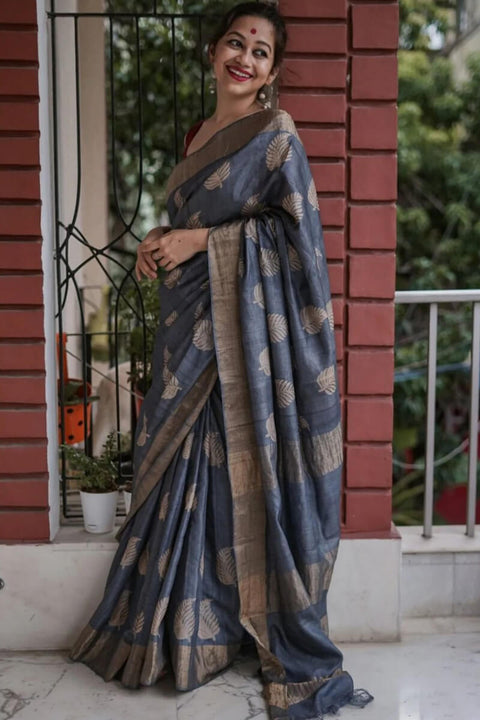 VastraLakshmi Snappy Grey Linen Silk Saree With Pulsating Blouse Piece