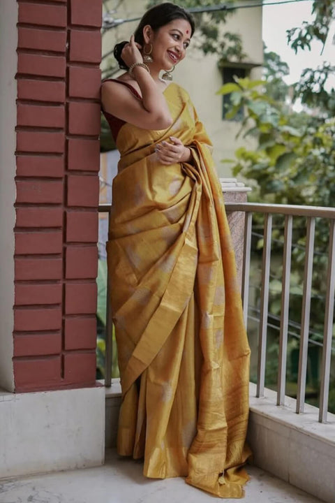 VastraLakshmi Exquisite Mustard Linen Silk Saree With Transcendent Blouse Piece