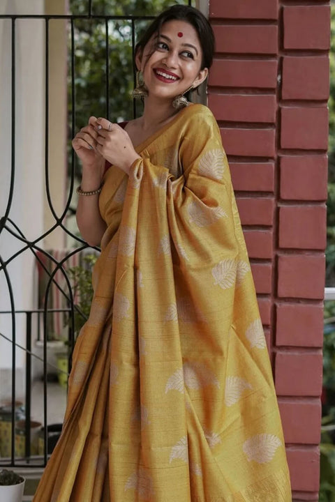 VastraLakshmi Exquisite Mustard Linen Silk Saree With Transcendent Blouse Piece