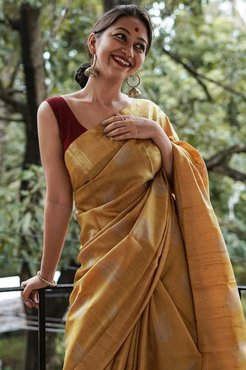 VastraLakshmi Exquisite Mustard Linen Silk Saree With Transcendent Blouse Piece