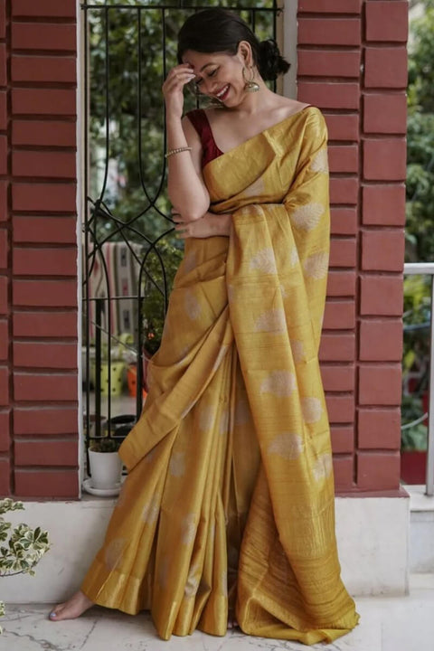 VastraLakshmi Exquisite Mustard Linen Silk Saree With Transcendent Blouse Piece