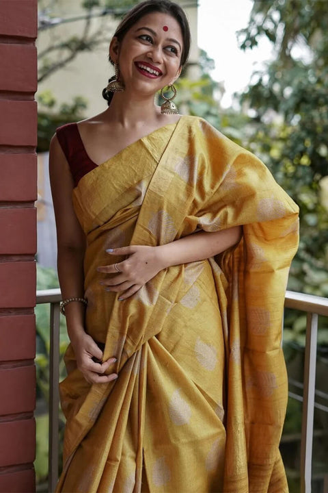 VastraLakshmi Exquisite Mustard Linen Silk Saree With Transcendent Blouse Piece