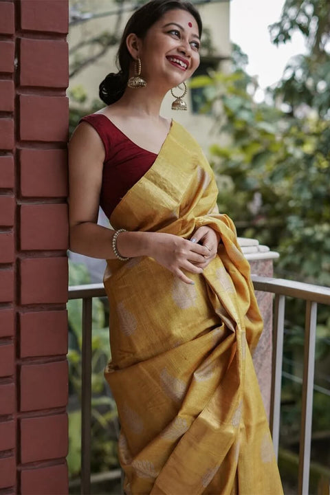 VastraLakshmi Exquisite Mustard Linen Silk Saree With Transcendent Blouse Piece