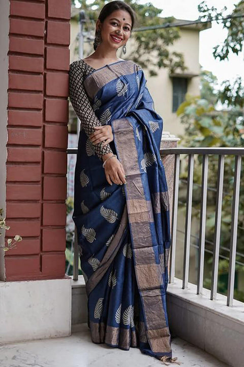 VastraLakshmi Devastating Navy Blue Linen Silk Saree With Nemesis Blouse Piece