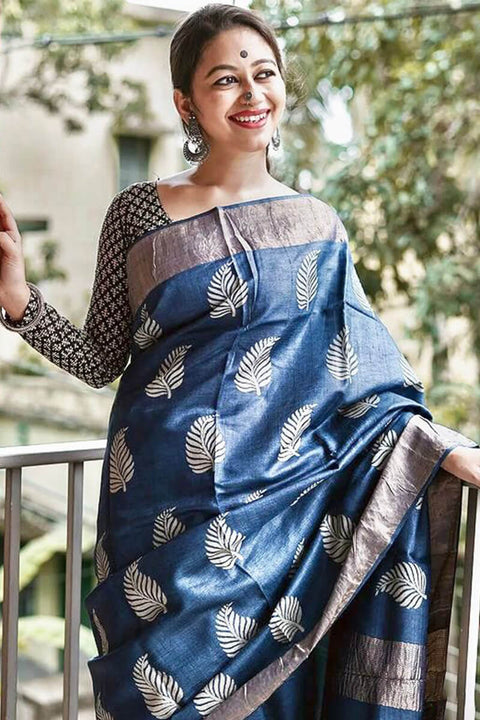 VastraLakshmi Devastating Navy Blue Linen Silk Saree With Nemesis Blouse Piece