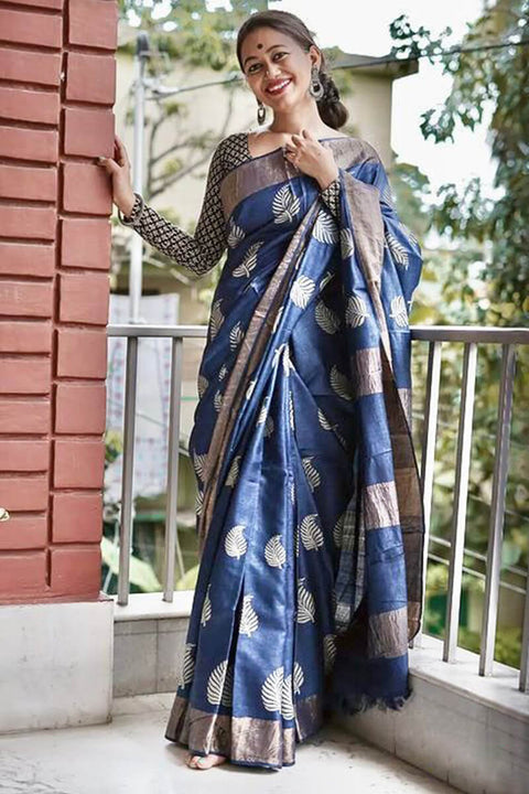 VastraLakshmi Devastating Navy Blue Linen Silk Saree With Nemesis Blouse Piece