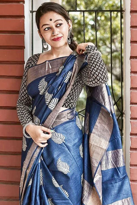 VastraLakshmi Devastating Navy Blue Linen Silk Saree With Nemesis Blouse Piece