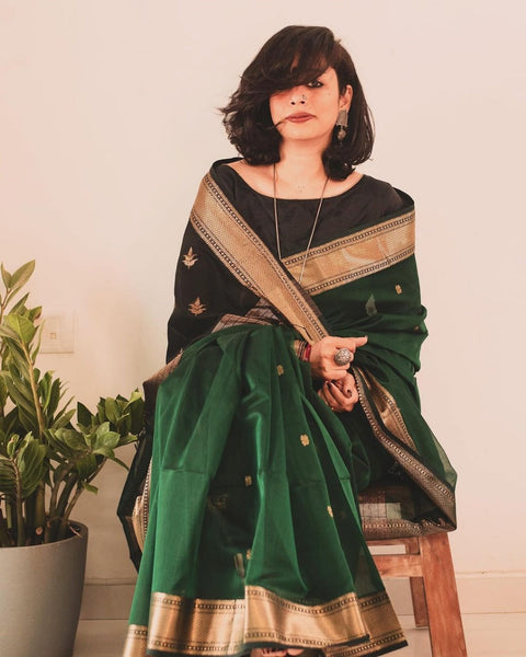 VastraLakshmi Snazzy Dark Green Linen Silk Saree With Glittering Blouse Piece