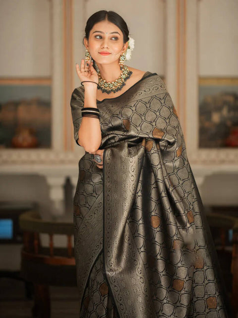 VastraLakshmi Sumptuous Black Soft Silk Saree With Imbrication Blouse Piece