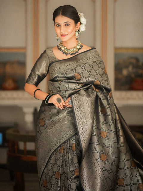 VastraLakshmi Sumptuous Black Soft Silk Saree With Imbrication Blouse Piece