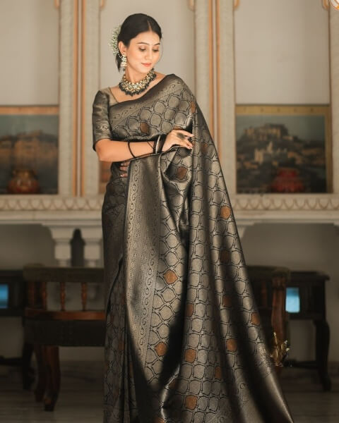 VastraLakshmi Sumptuous Black Soft Silk Saree With Imbrication Blouse Piece