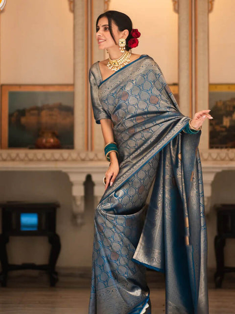 VastraLakshmi Desultory Blue Soft Silk Saree With Admirable Blouse Piece