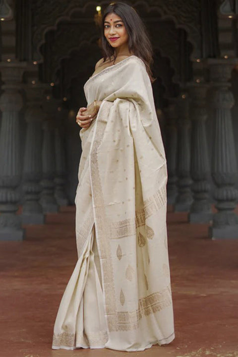 VastraLakshmi Stunning Beige Linen Silk Saree With Lovely Blouse Piece