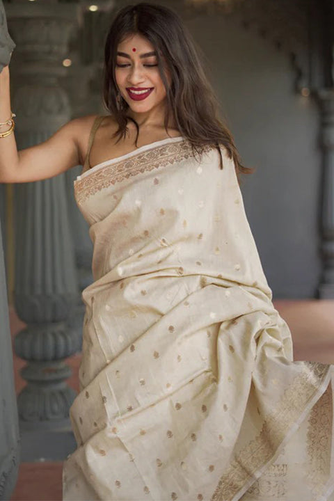 VastraLakshmi Stunning Beige Linen Silk Saree With Lovely Blouse Piece