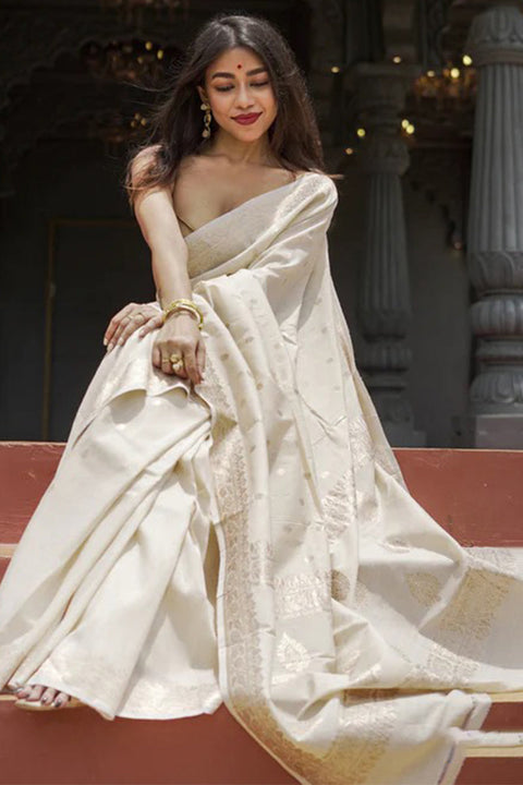 VastraLakshmi Stunning Beige Linen Silk Saree With Lovely Blouse Piece