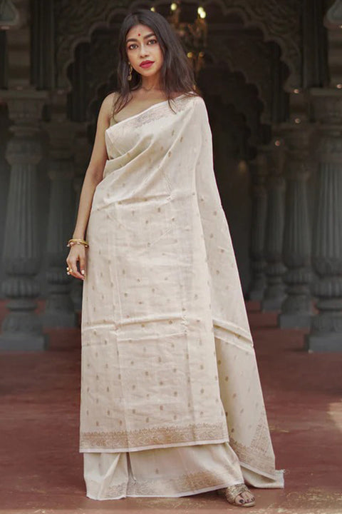 VastraLakshmi Stunning Beige Linen Silk Saree With Lovely Blouse Piece