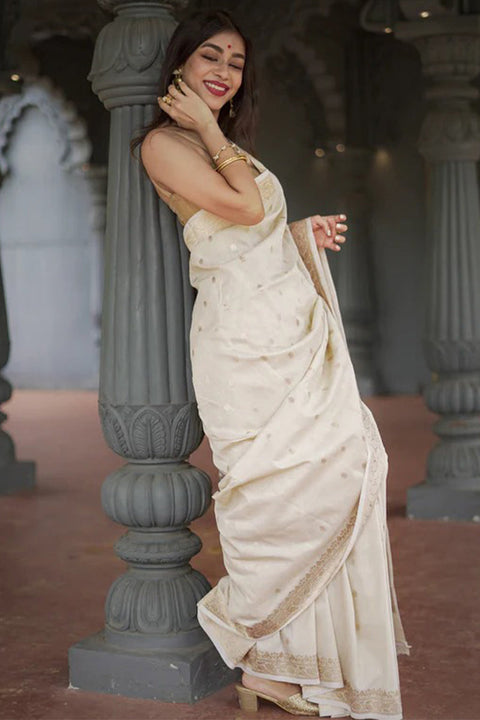 VastraLakshmi Stunning Beige Linen Silk Saree With Lovely Blouse Piece