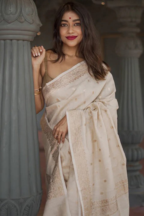 VastraLakshmi Stunning Beige Linen Silk Saree With Lovely Blouse Piece