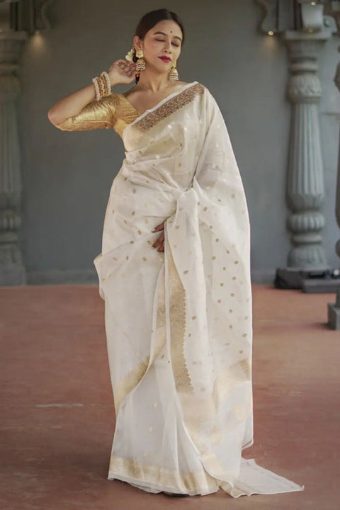 VastraLakshmi Smart Off White  Linen Silk Saree With Hypnotic Blouse Piece