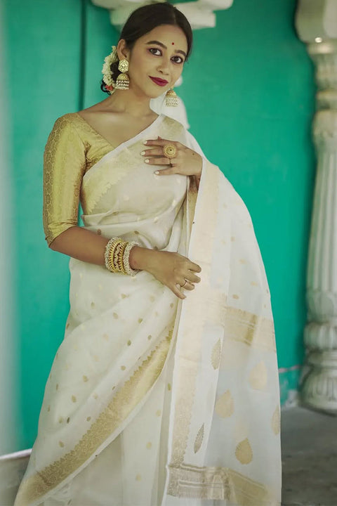 VastraLakshmi Smart Off White  Linen Silk Saree With Hypnotic Blouse Piece