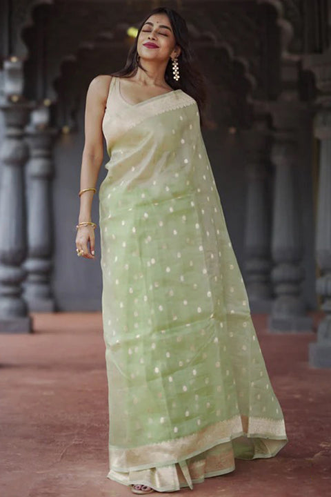 VastraLakshmi Delightful Pista Linen Silk Saree With Fairytale Blouse Piece