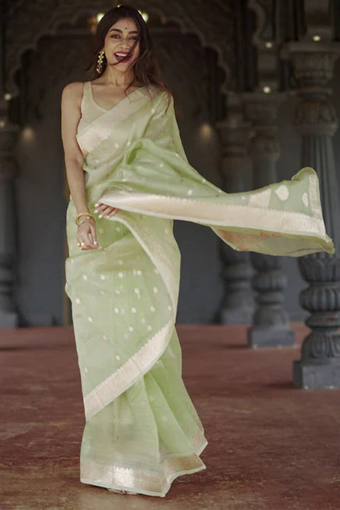 VastraLakshmi Delightful Pista Linen Silk Saree With Fairytale Blouse Piece