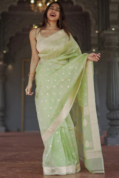 VastraLakshmi Delightful Pista Linen Silk Saree With Fairytale Blouse Piece