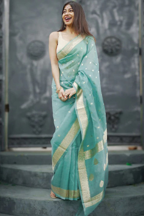 VastraLakshmi Excellent Turquoise Linen Silk Saree With Demure Blouse Piece