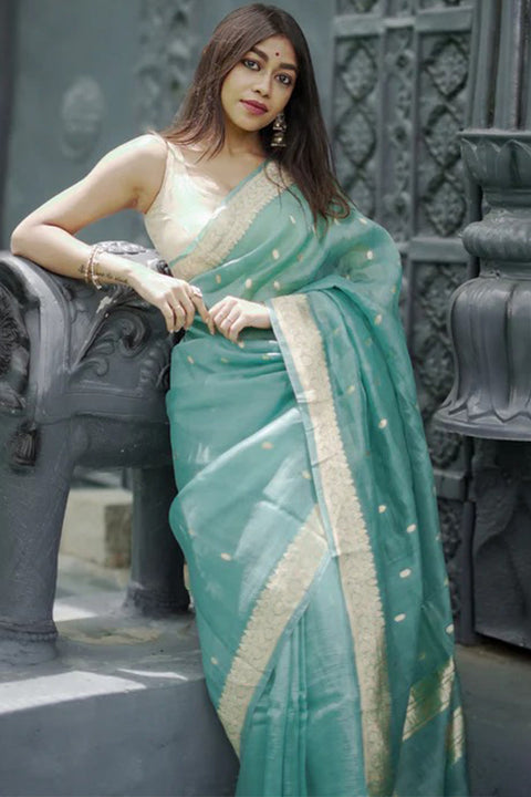 VastraLakshmi Excellent Turquoise Linen Silk Saree With Demure Blouse Piece