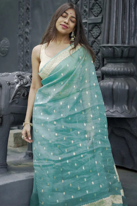 VastraLakshmi Excellent Turquoise Linen Silk Saree With Demure Blouse Piece