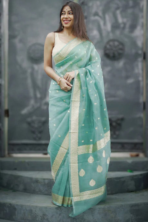 VastraLakshmi Excellent Turquoise Linen Silk Saree With Demure Blouse Piece