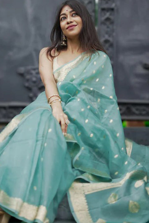 VastraLakshmi Excellent Turquoise Linen Silk Saree With Demure Blouse Piece