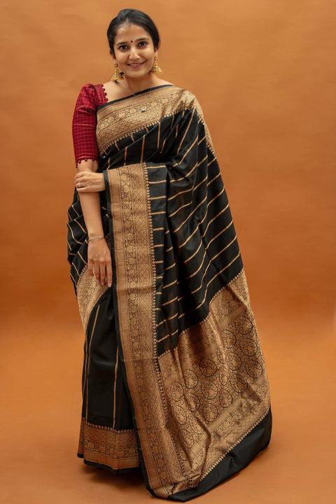 VastraLakshmi Traditional Black Soft Silk Saree With Petrichor Blouse Piece