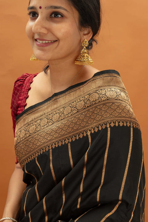 VastraLakshmi Traditional Black Soft Silk Saree With Petrichor Blouse Piece