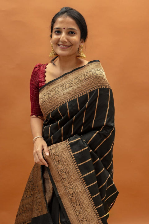 VastraLakshmi Traditional Black Soft Silk Saree With Petrichor Blouse Piece