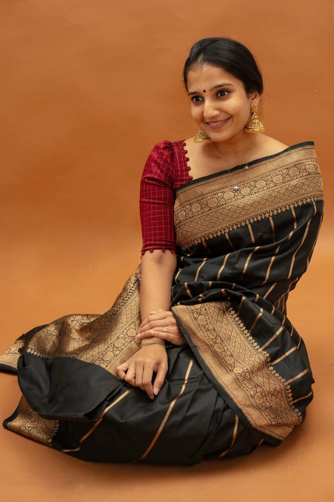 VastraLakshmi Traditional Black Soft Silk Saree With Petrichor Blouse Piece