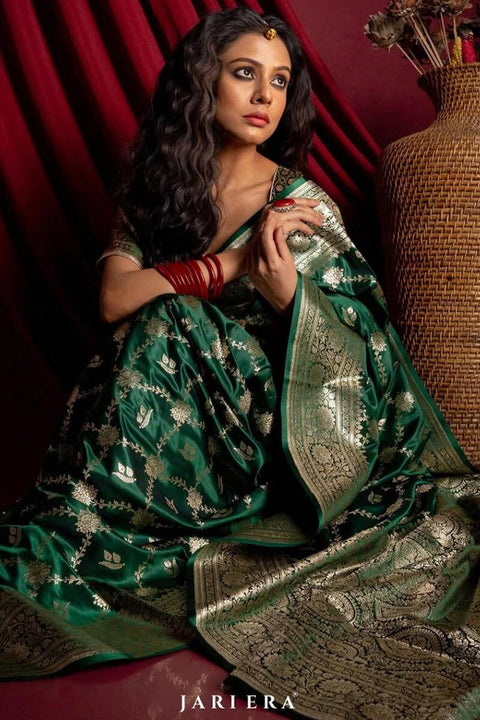 VastraLakshmi Ravishing Dark Green Soft Silk Saree With Girlish Blouse Piece