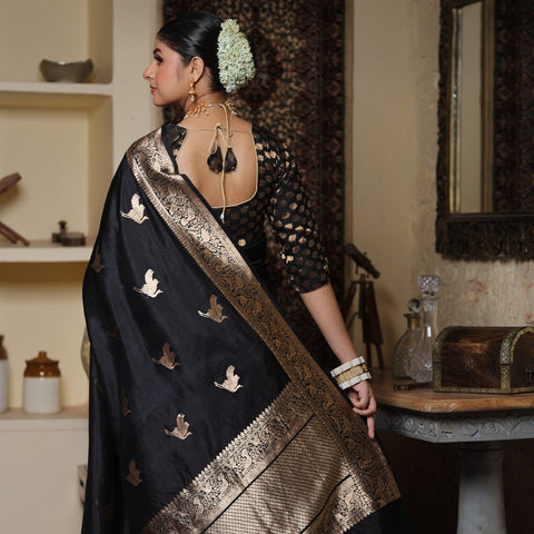 VastraLakshmi Desuetude Black Soft Silk Saree With Epiphany Blouse Piece